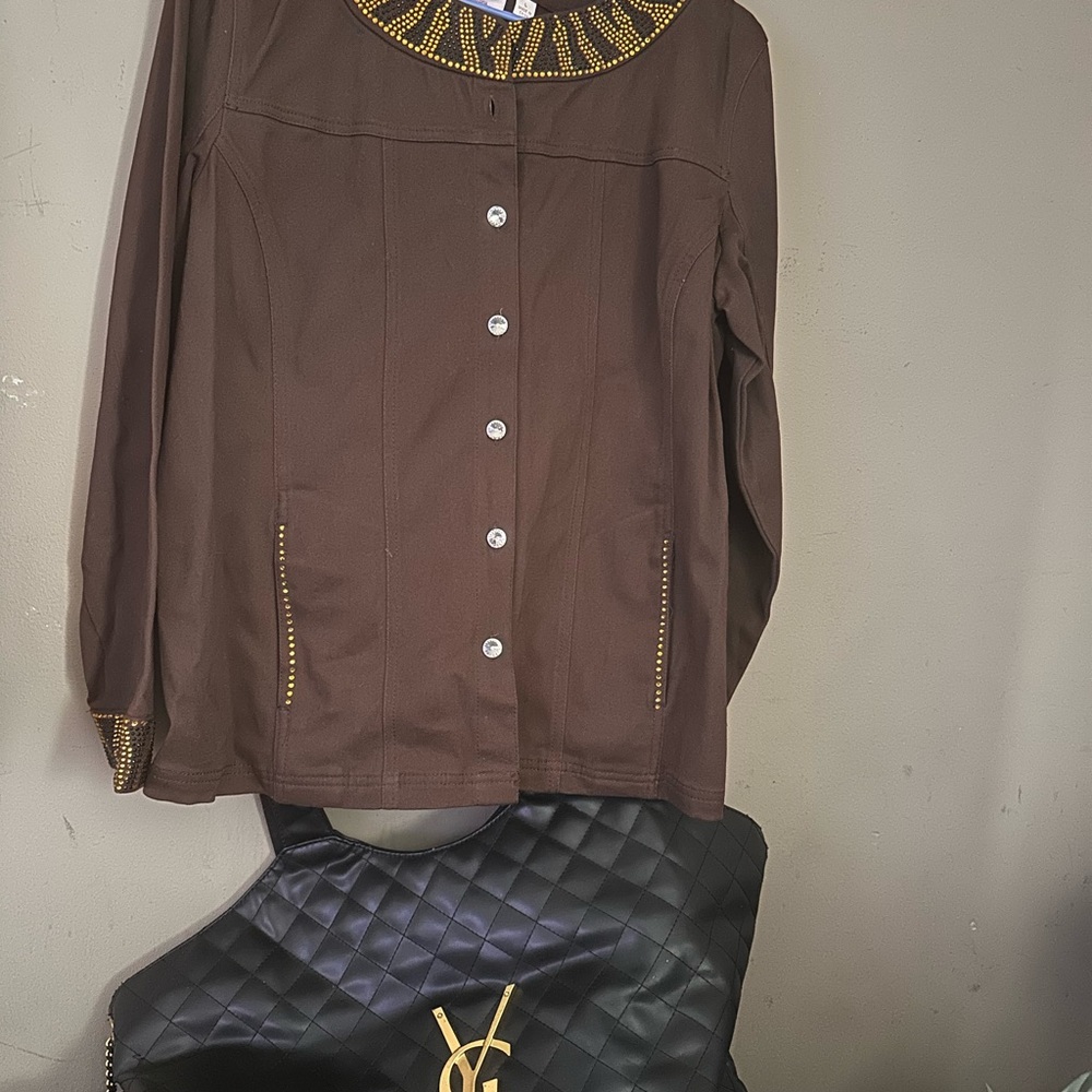 Brown Button-Up Jacket with Gold Accents